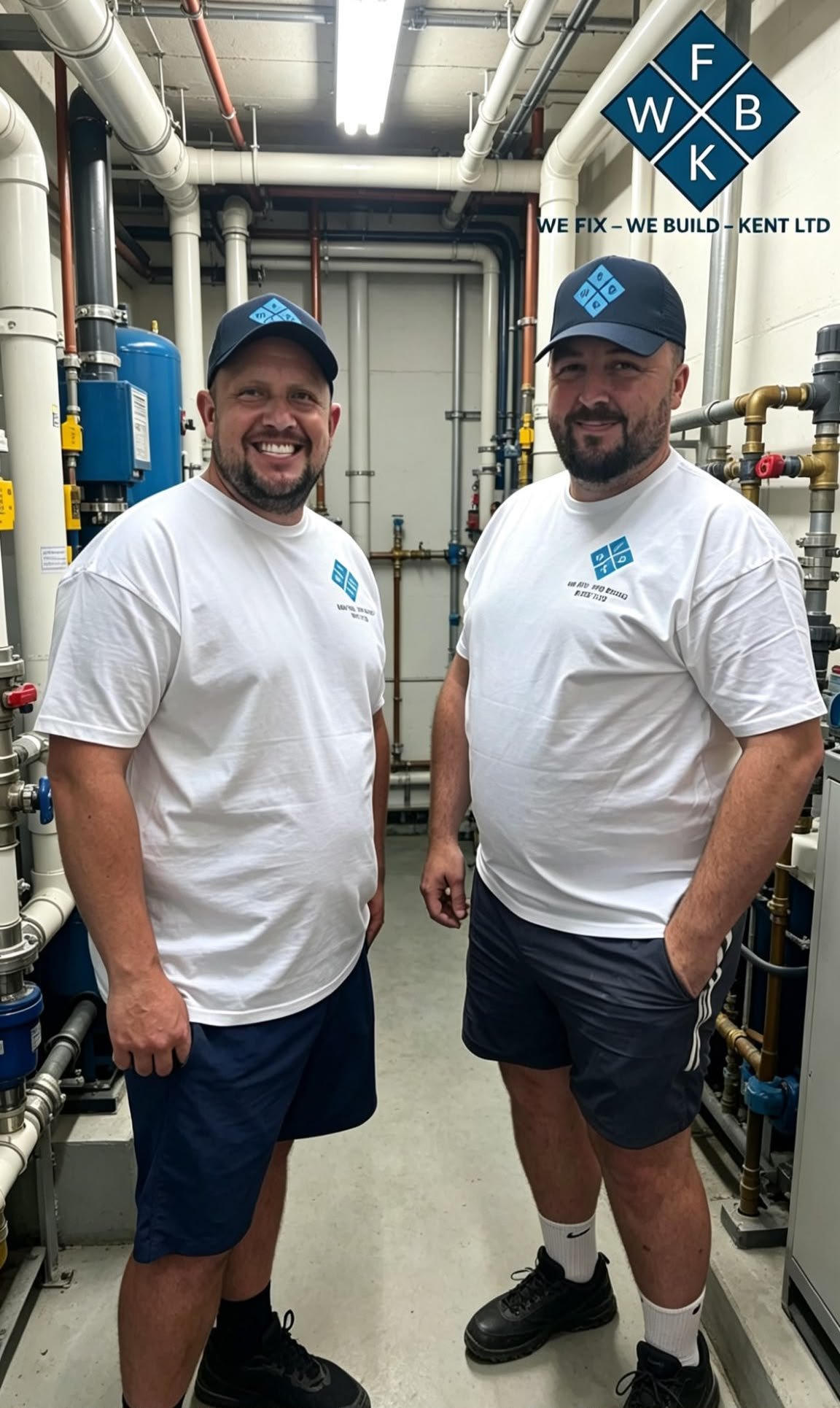 Two men standing inside an industrial boiler room wearing white t-shirts, navy shorts, black shoes, and caps with a blue logo. Behind them are various pipes and equipment. The logo on their shirts and caps appears to be related to a plumbing or construction company, and there is a sign that says 'WE FIX - WE BUILD - KENT LTD'.