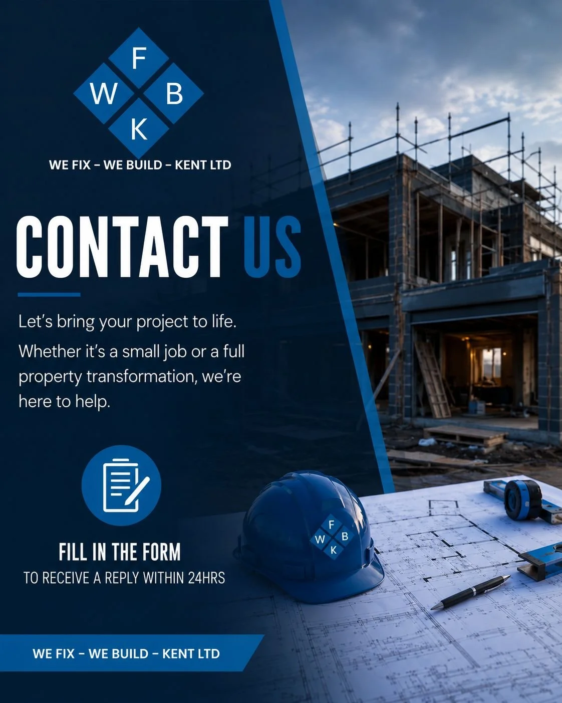 Construction site with building under construction, construction helmet with company logo, blueprint, and tools on a desk in foreground, blue overlay with contact information for a construction company.