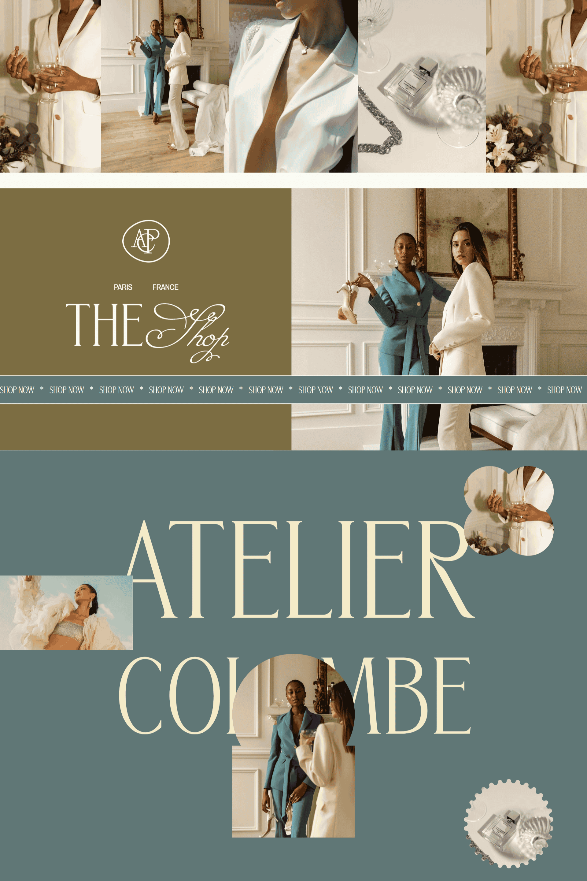 Atelier Colombe homepage layout displaying 'The Shop' banner section, with a decorative 'Atelier Colombe' section with the studio's photography.