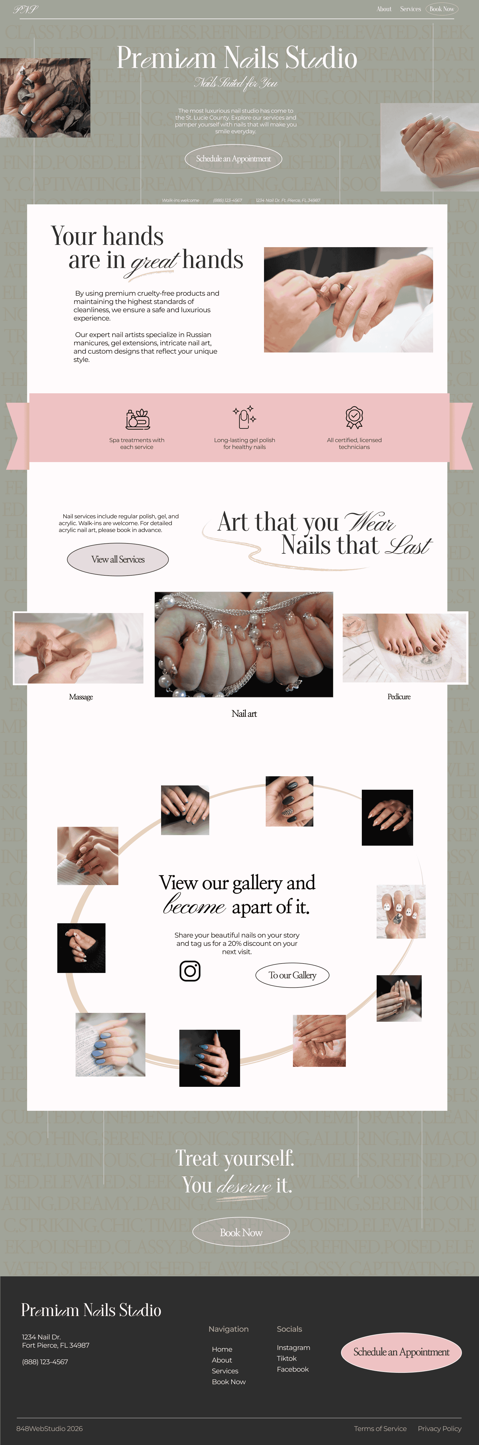 Premium Nail Salon's about and services section on the homepage.