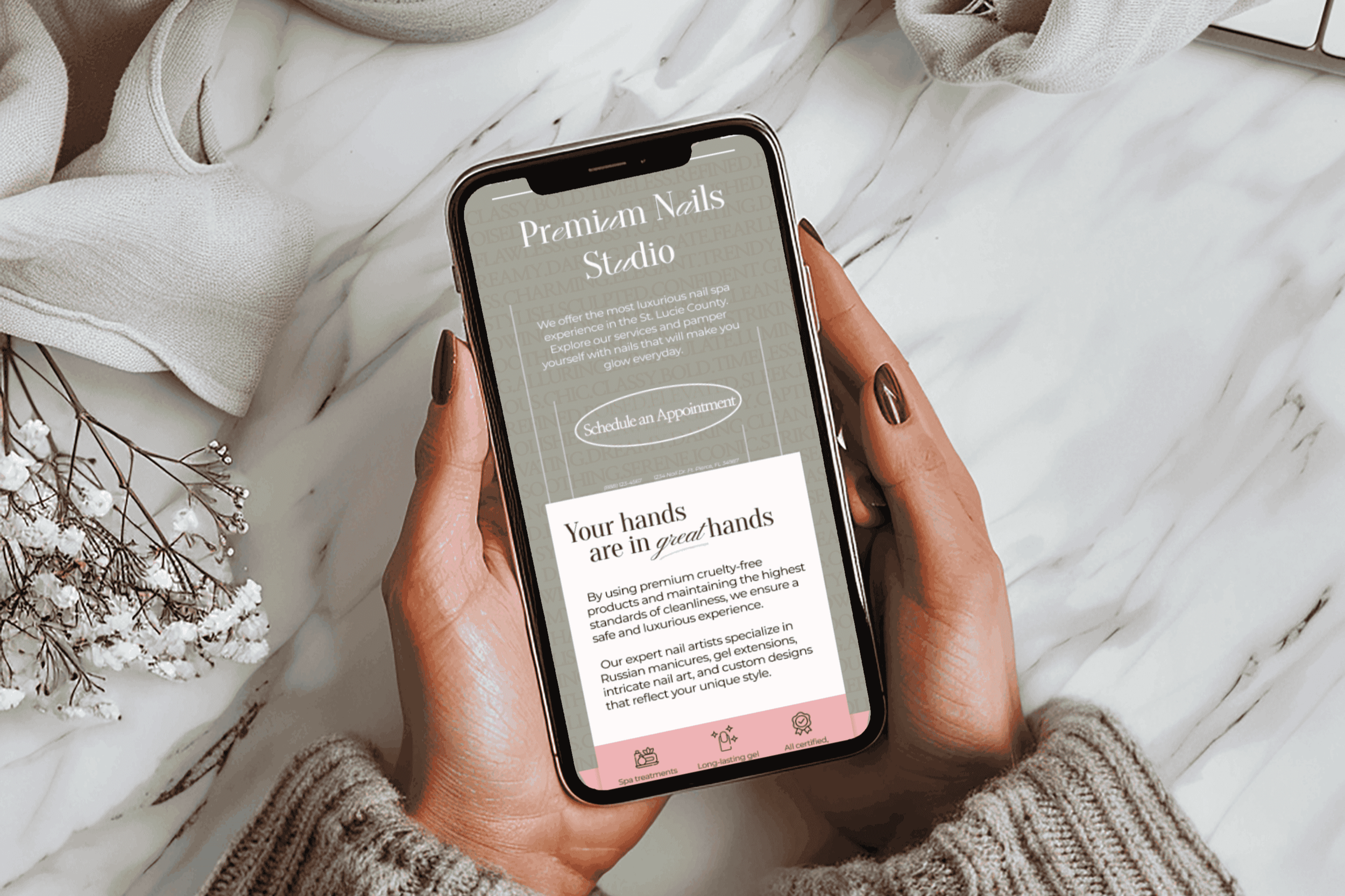 Close-up of a smartphone in a person's hands displaying the Premium Nails Studio website with text about nail care, on a marble surface with beige fabric and small decorative items nearby.