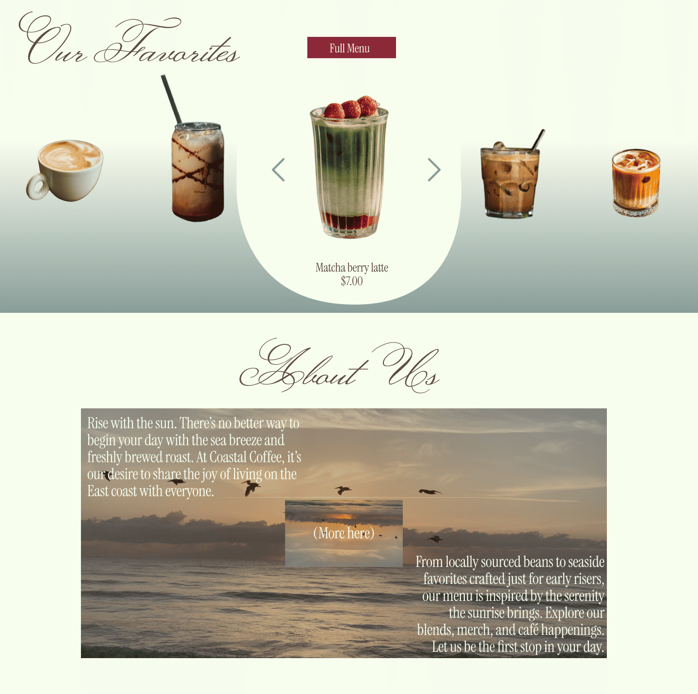 Coastal Coffee's Menu and About sections, with coffee selections.
