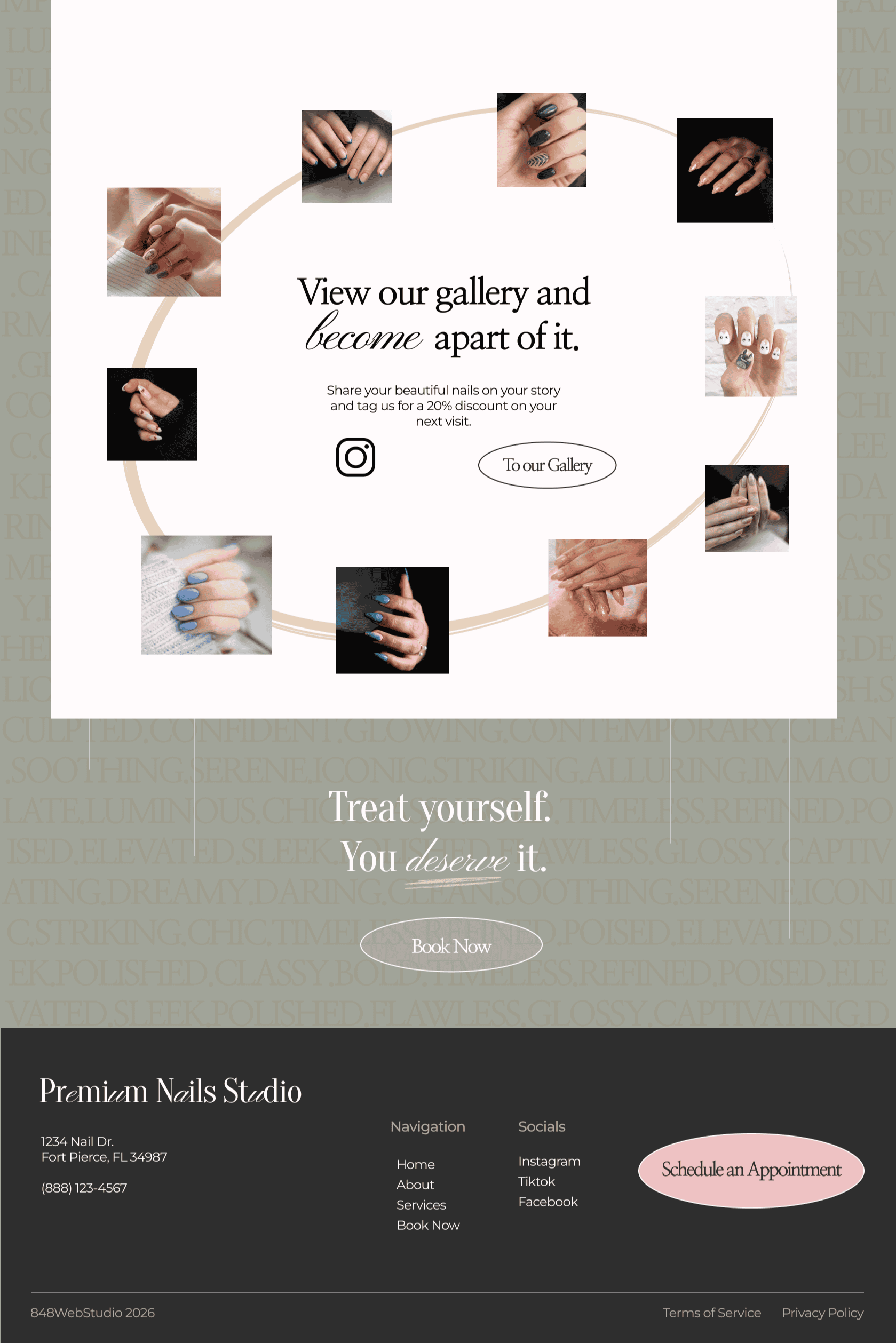 Premium Nail Salon's gallery section with photos encompassing social media campaign text, with the call-to-action text below and footer.