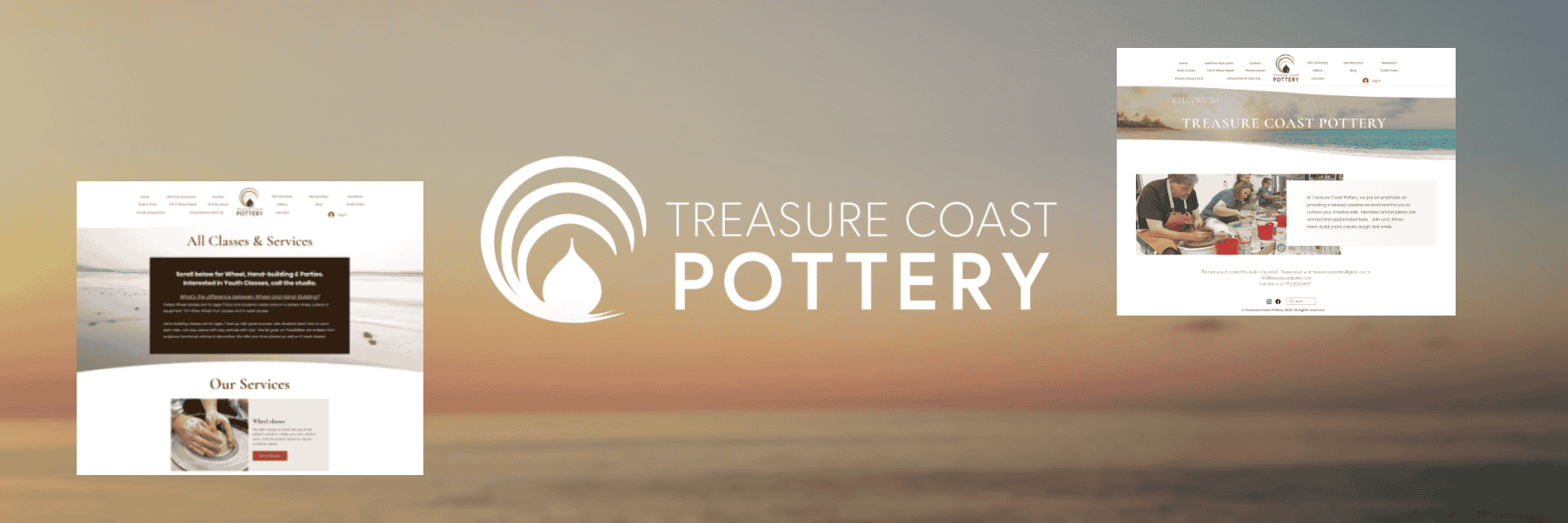 Header of Treasure Coast Pottery, featuring it's hero section and classes page.