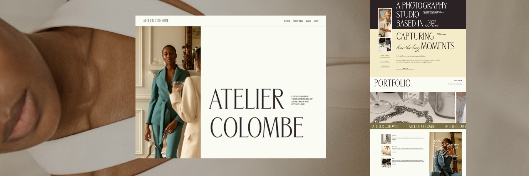 Atelier Colombe header image featuring the hero section and website preview on a decorative background.