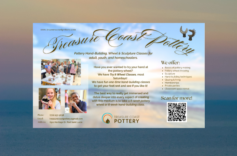 Advertisement for Treasure Coast Pottery with information about classes, offers, and contact details, including photos of people enjoying pottery activities, a QR code, and a sunrise background.