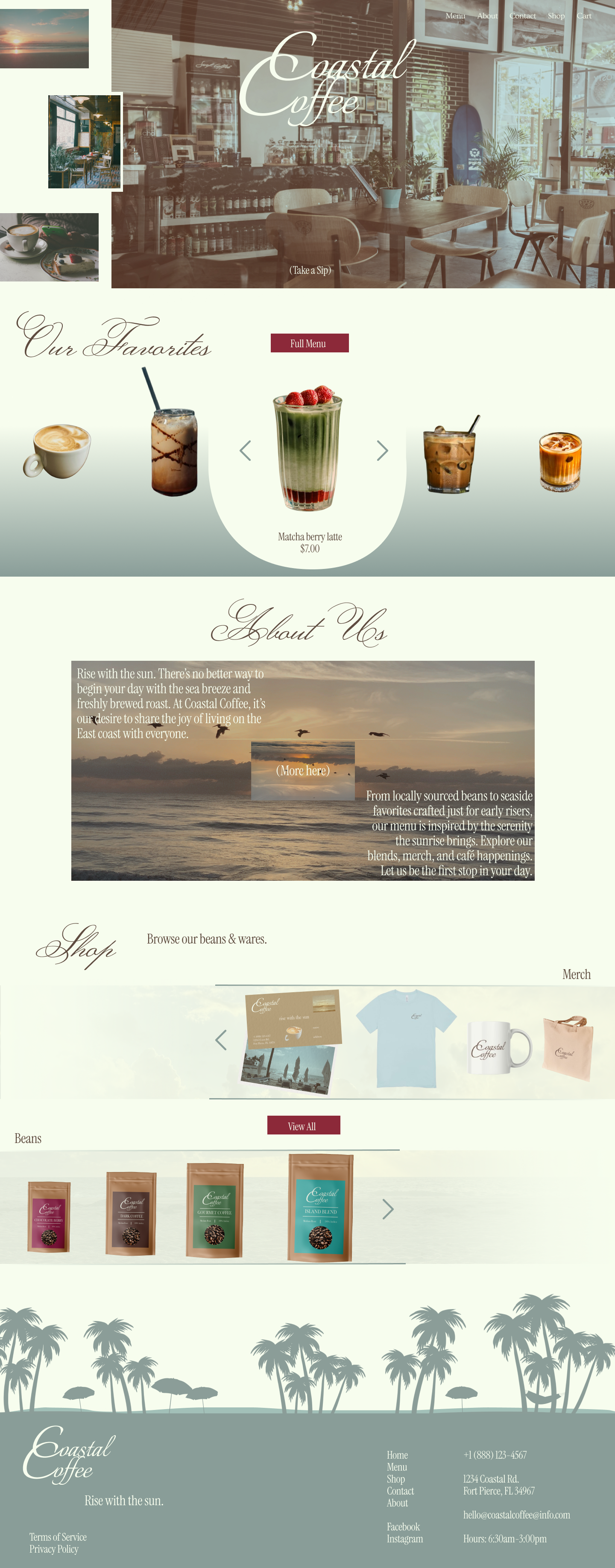 Section footer of Coastal Coffee with the 'shop' section of merch and coffee beans.