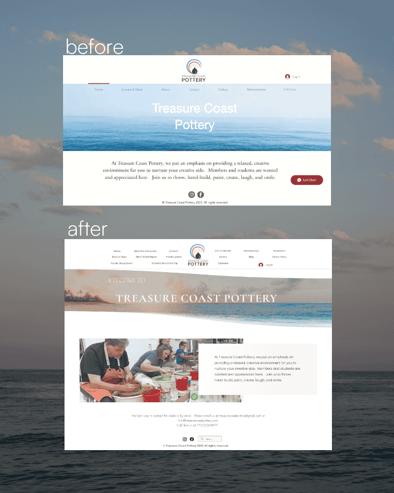 Before and After Treasure Coast Pottery's homepage  redesign