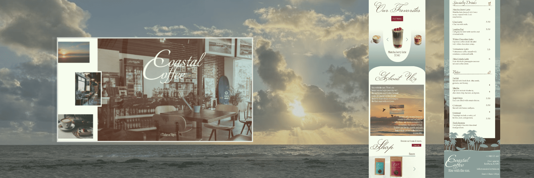Coastal Coffee header featuring the webpage's hero section and mobile page previews on a sunrise backdrop.