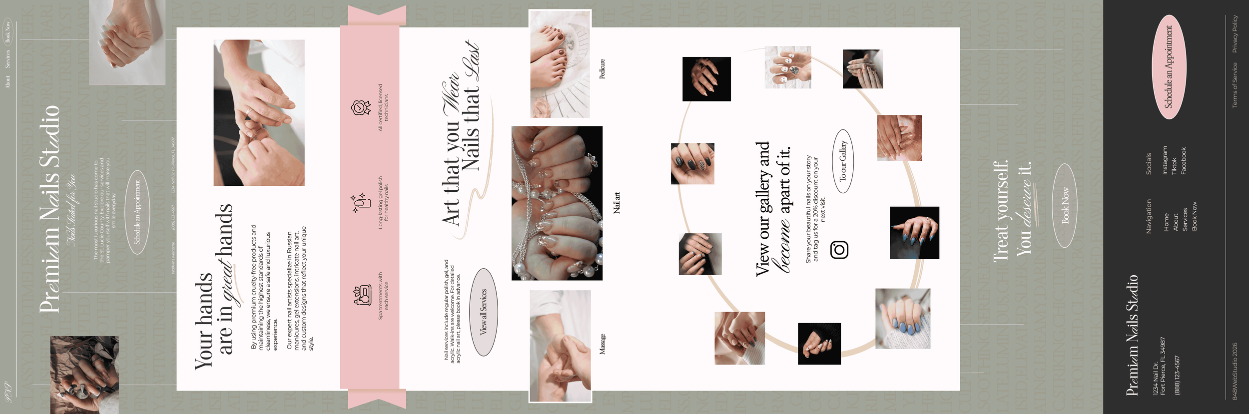 Premium Nail Salon's full desktop view from hero to footer, featuring the about, services, and gallery pages between with light green and pinks for color and nail images for decor.