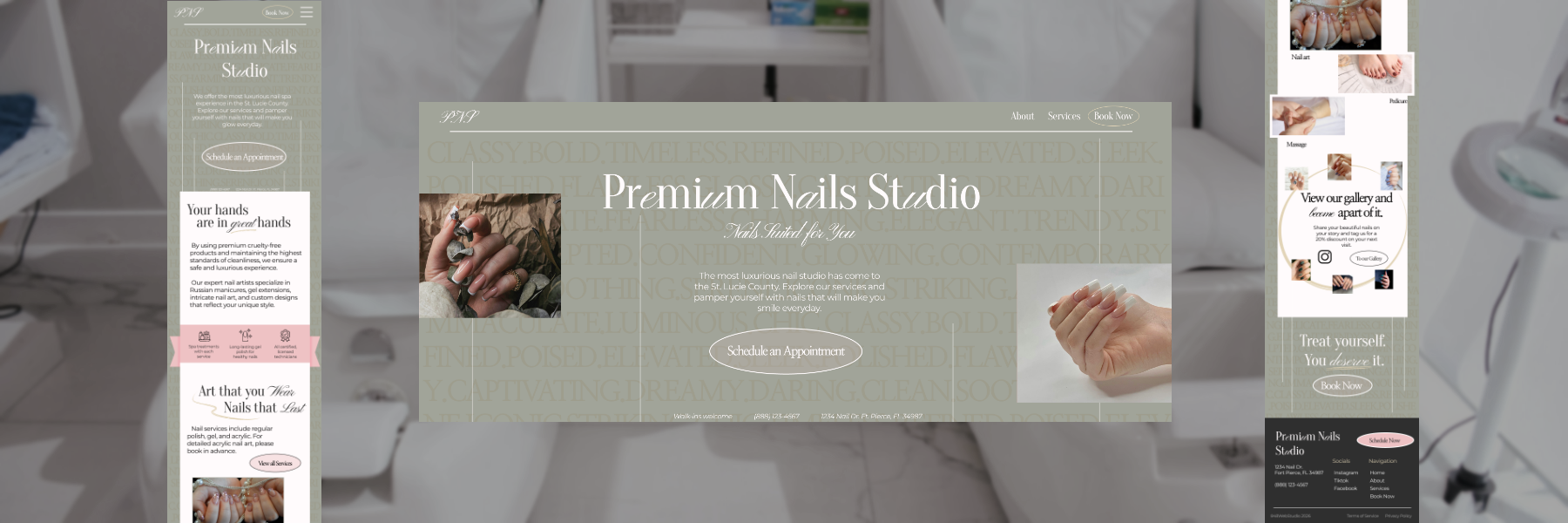Premium Nails Studio header image featuring it's desktop hero section and mobile layout views with a salon backdrop.