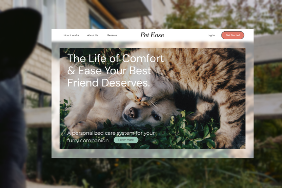 Screenshot of a pet care website called Pet Ease featuring a banner with a dog and a cat lying on the grass, with the text 'The Life of Comfort & Ease Your Best Friend Deserves.'