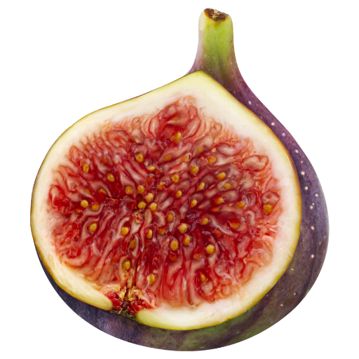Half of a ripe fig fruit with red pulp and yellow seeds, showing the interior and part of the purple-green outer skin.