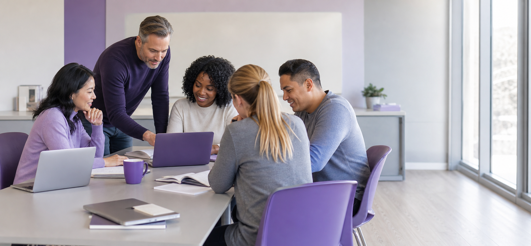 Adult learners and an instructor collaborating in a bright Hummingbird Institute classroom.
