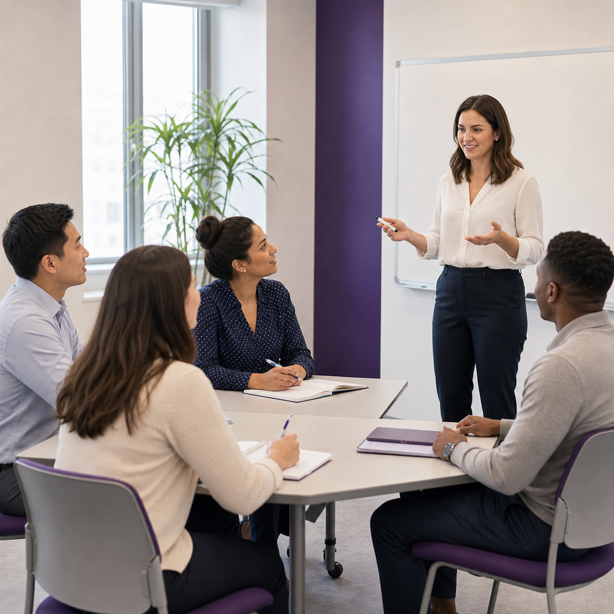 Four adult learners participating in a small instructor-led classroom at Hummingbird Institute