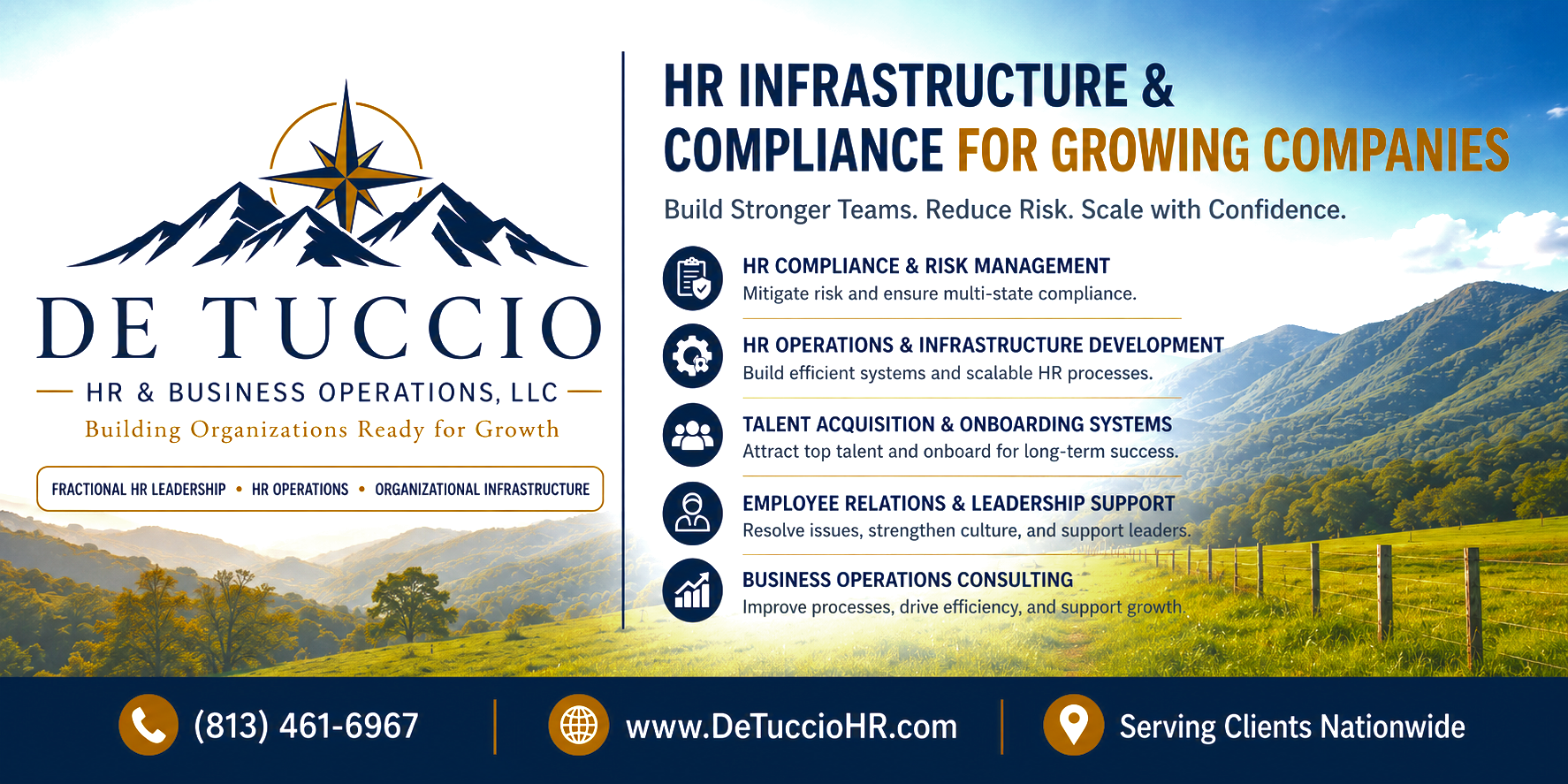 De Tuccio HR & Business Operations company flyer featuring mountain and landscape background, company logo, contact info, and list of HR services including compliance, operations, onboarding, employee relations, and business consulting.