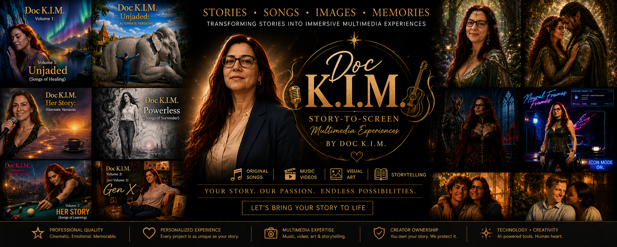 A promotional collage for Doc K.I.M. presents various multimedia projects, including album covers, character images, and scenes, featuring a woman with glasses and long hair. The collage emphasizes storytelling, songs, visual art, and memories with descriptions of original songs, visual art, and storytelling, and includes icons for music videos, visual art, and storytelling.
