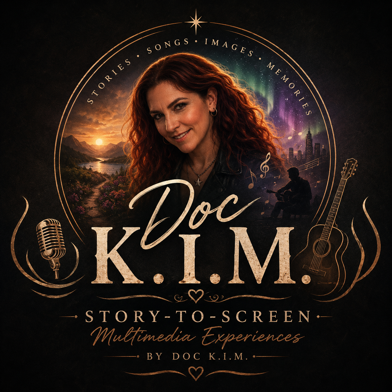 A promotional poster featuring a woman with curly red hair and jewelry, smiling at the camera. The background has a scenic landscape with mountains and a sunset, blending into cityscapes, musical notes, and a silhouette of a person playing guitar. The poster advertises "Doc K.I.M. story-to-screen multimedia experiences," with design elements like a microphone and guitar, along with stars and decorative lines.