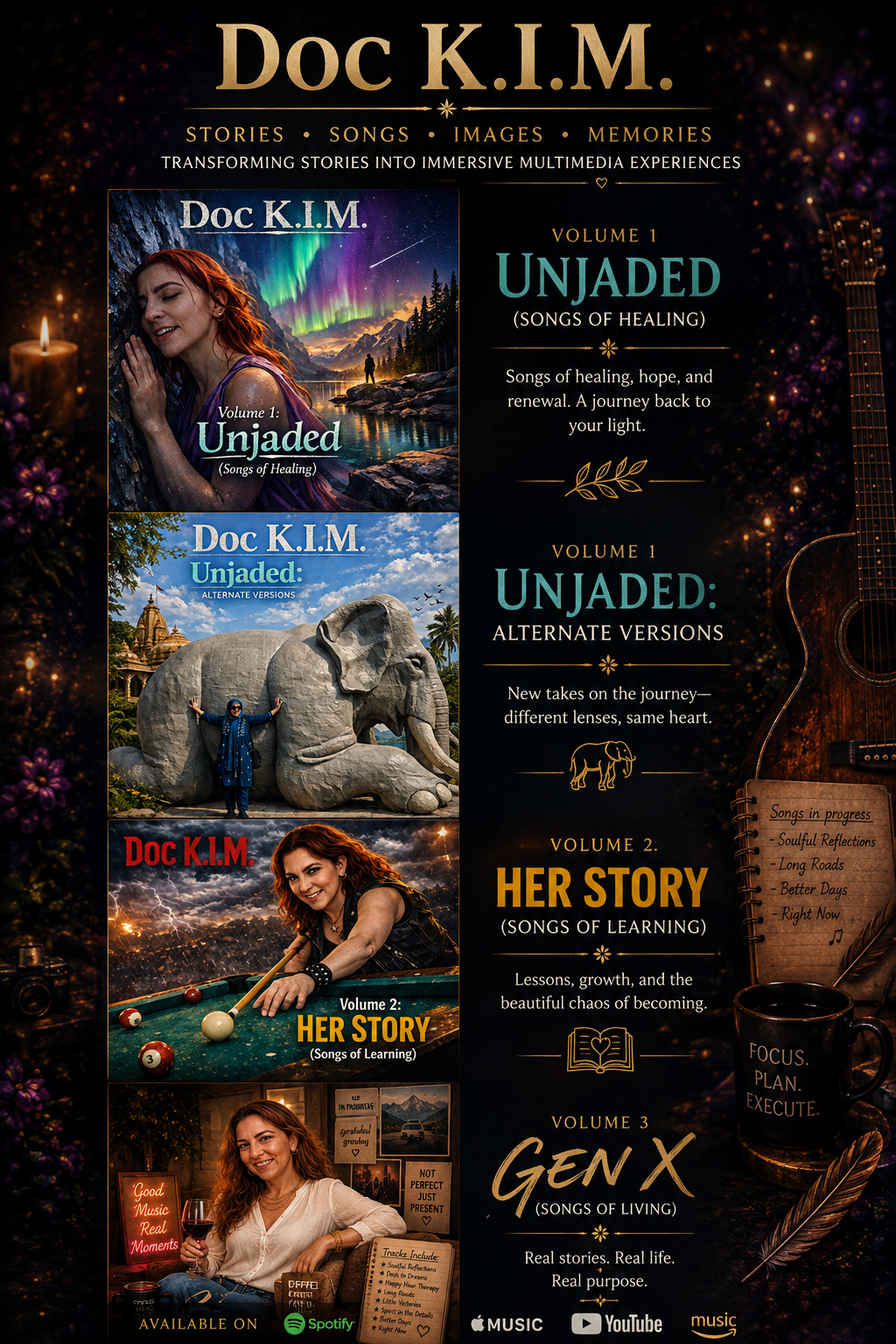 A promotional poster displaying three volumes of Doc K.I.M. music albums with images and titles. Volume 1: Unjaded, with a woman by a lake and northern lights; Volume 1: Unjaded alternate version with a person and an elephant sculpture; Volume 2: Her Story, with a woman playing pool; Volume 3: Gen X, with a woman holding a glass of wine. The poster includes descriptions, icons for music platforms, and decorative elements.