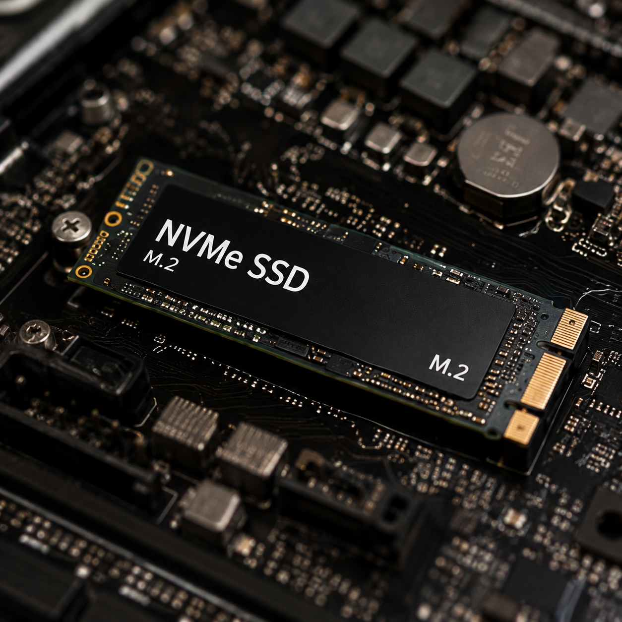 A close-up of a computer motherboard with a black NVMe SSD M.2 drive installed.