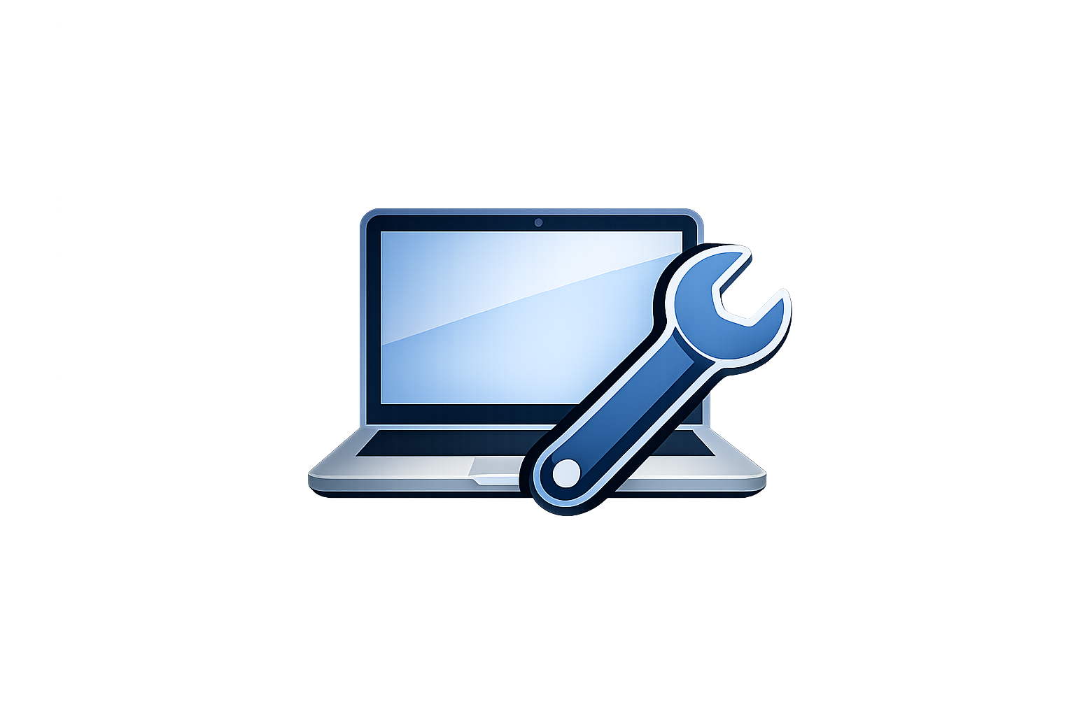 A digital illustration of a laptop with a wrench icon over it, symbolizing technical support or repairs.