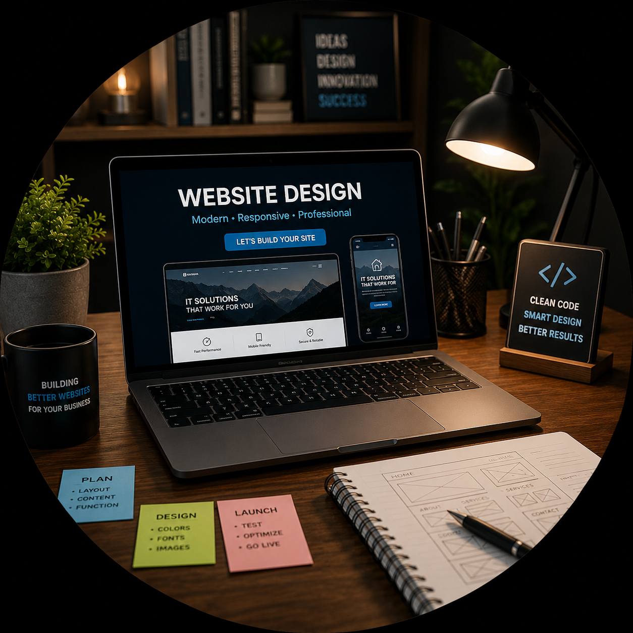 Desk with a laptop displaying website design services, surrounded by notes, plants, a coffee mug, and a lamp, with a shelf of books in the background.