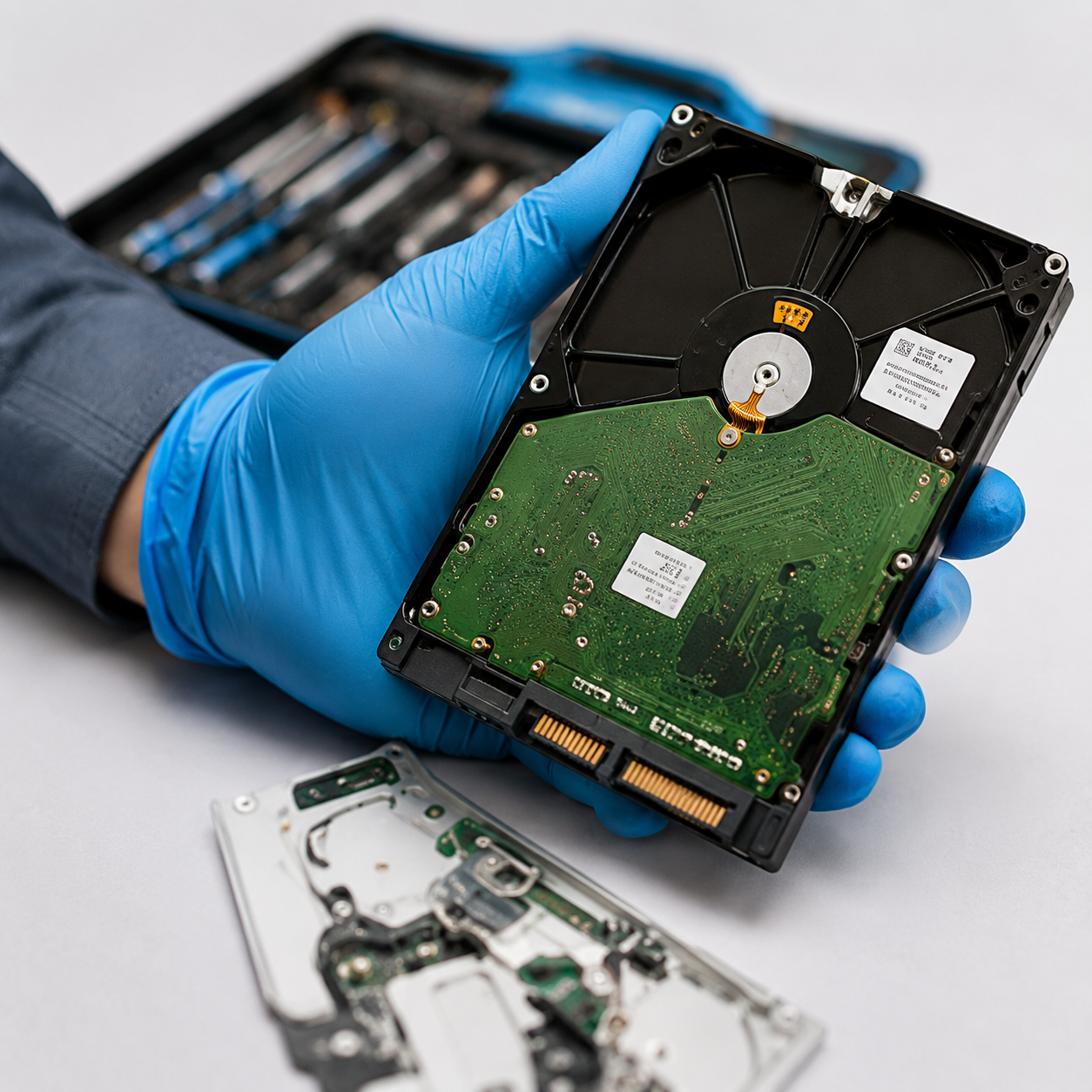 Person wearing blue gloves holding a disassembled hard disk drive with its internal circuit board exposed.