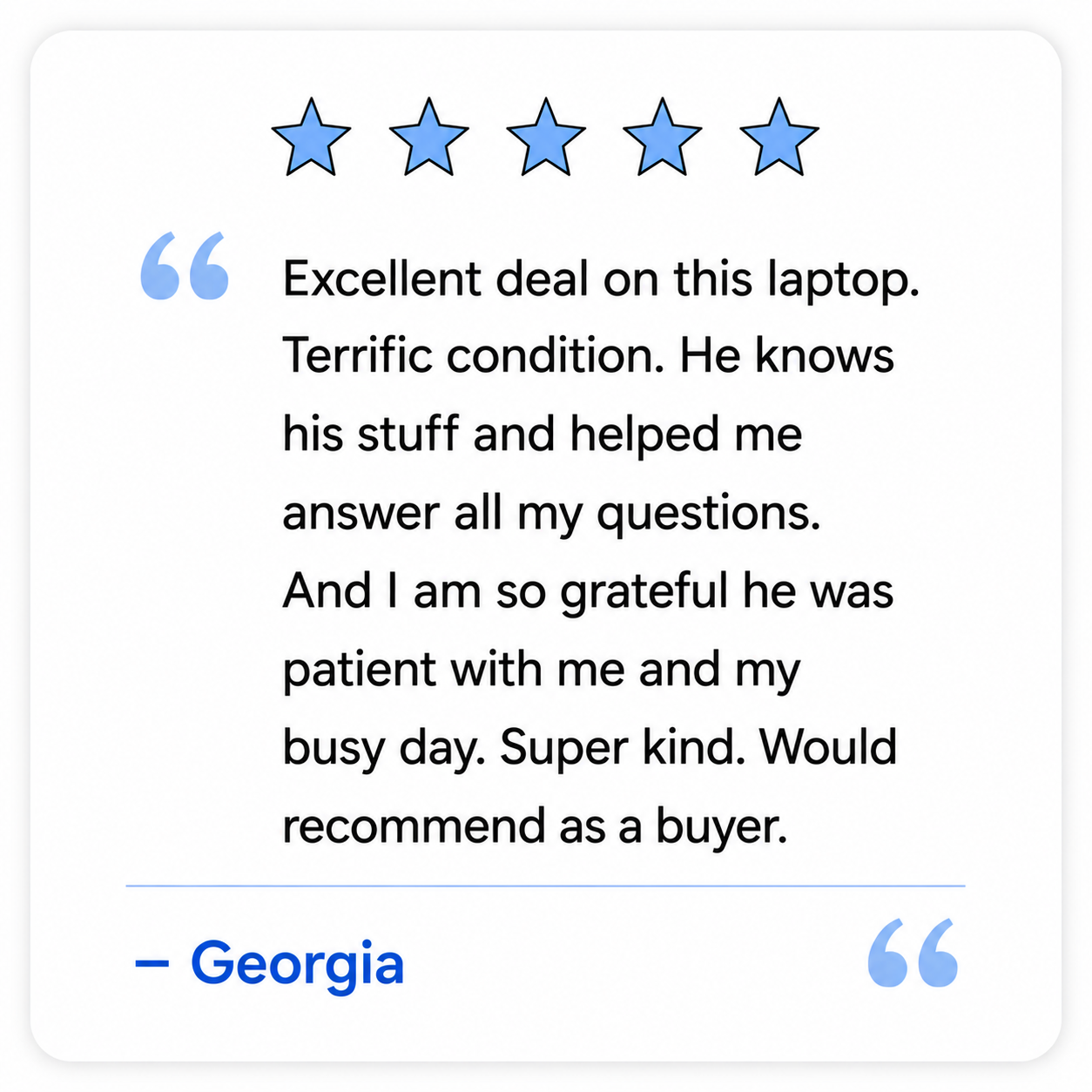 Customer review with five blue stars, quote expressing satisfaction with a laptop and appreciation for a patient seller, attributed to Georgia.