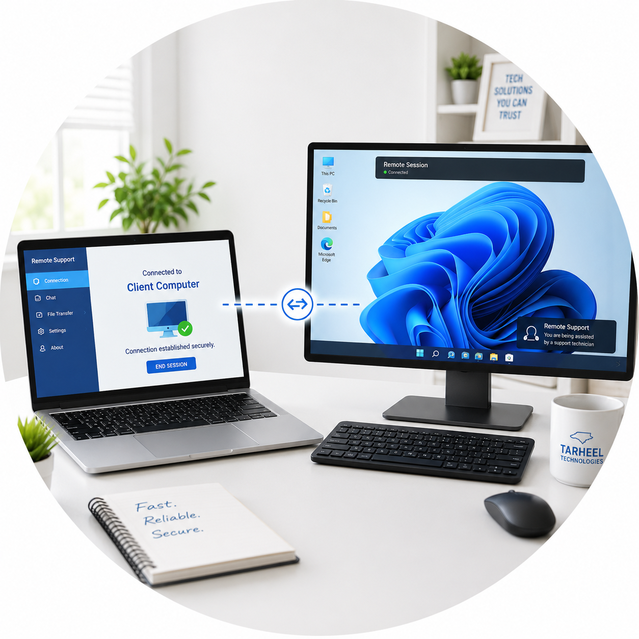 A computer setup showing a laptop and a monitor connected for remote support, with notebooks, a wireless mouse, a mug, and a small potted plant on a white desk in a bright office.