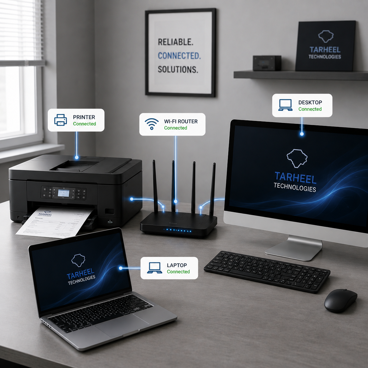 Office desk with a printer, a Wi-Fi router, a desktop computer, and a laptop, all showing connected status indicators. Background features a wall with framed posters, one reading 'RELIABLE. CONNECTED. SOLUTIONS.' and another with the Tarheel Technologies logo.
