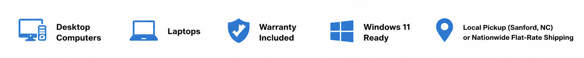 Icons and text describing computer options and services, including desktop computers, laptops, warranty included, Windows 11 ready, and local pickup in Sanford, NC, or nationwide flat-rate shipping.