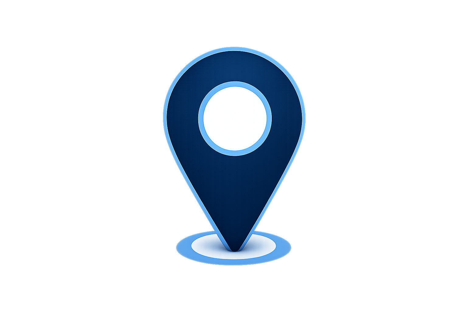 A digital graphic of a map location pin icon in blue and white, glowing against a dark background, representing navigation or location services.