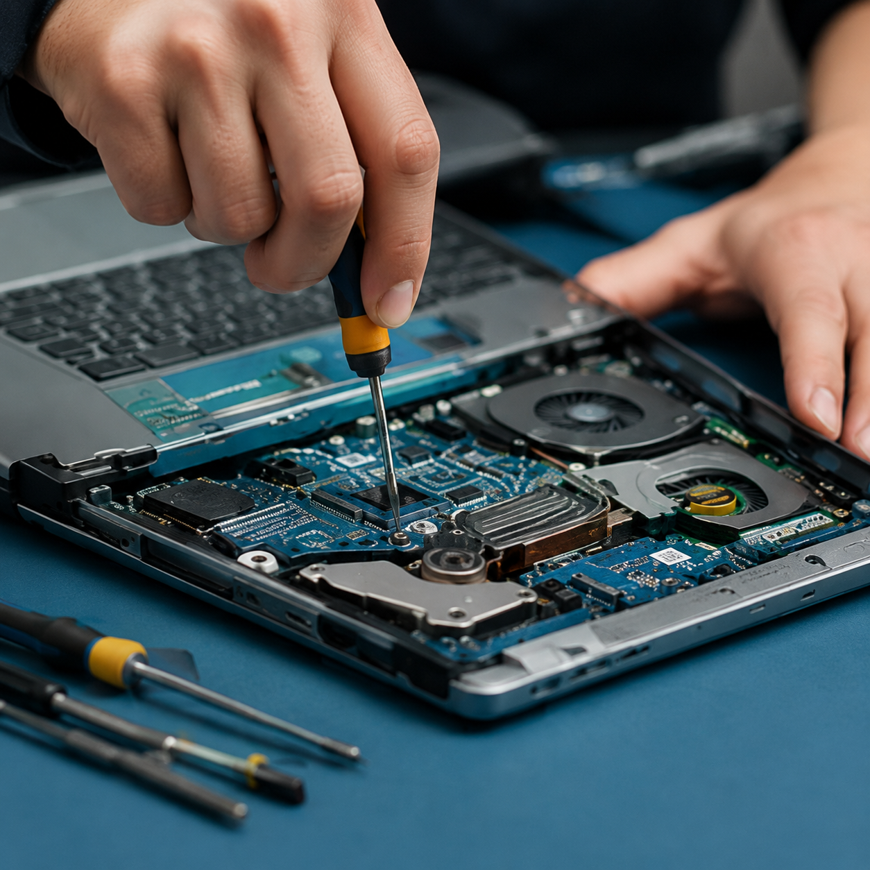 A person repairing a laptop by using a screwdriver on the internal circuit board, with additional tools lying nearby.