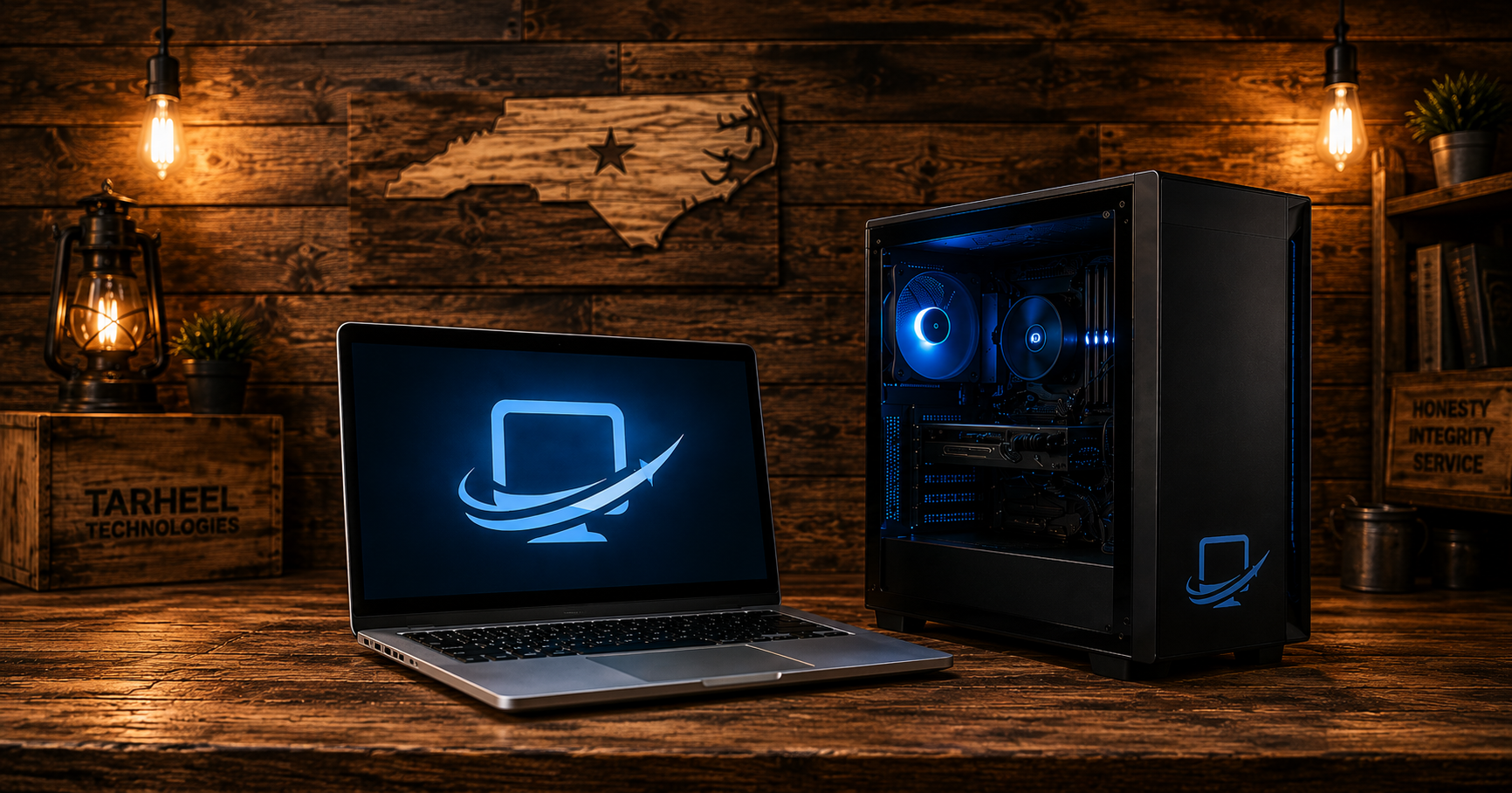 A sleek desktop computer and a laptop with a glowing logo on their screens, set on a rustic wooden desk in a warmly lit room with wood-paneled walls, vintage lamps, and shelves with plants and books.