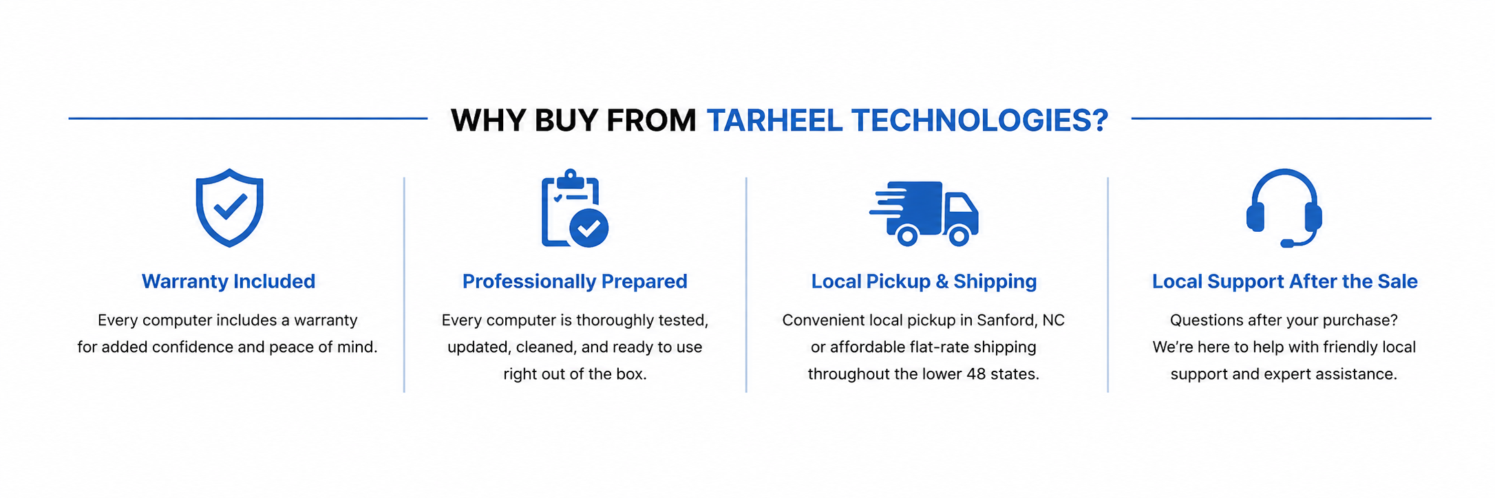 Infographic titled 'Why buy from Tarheel Technologies?' with four sections: warranty included, professionally prepared, local pickup & shipping, and local support after the sale, each with a blue icon and description.