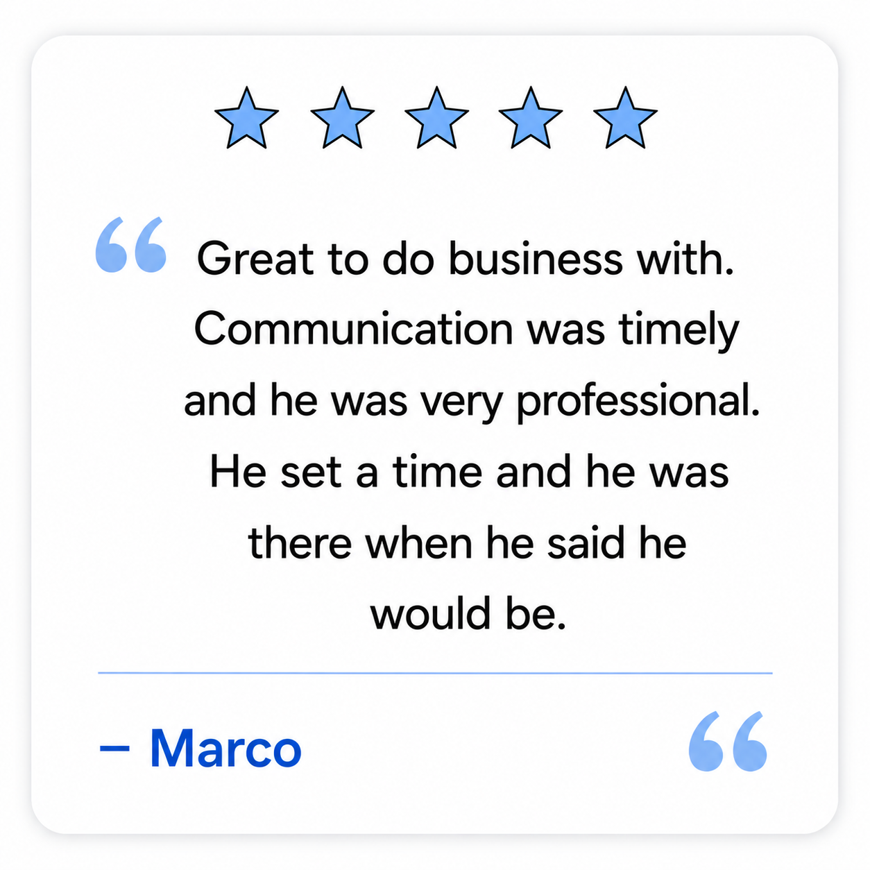 Customer review with five blue stars, quotation marks, and a testimonial about professional communication, signed by Marco.