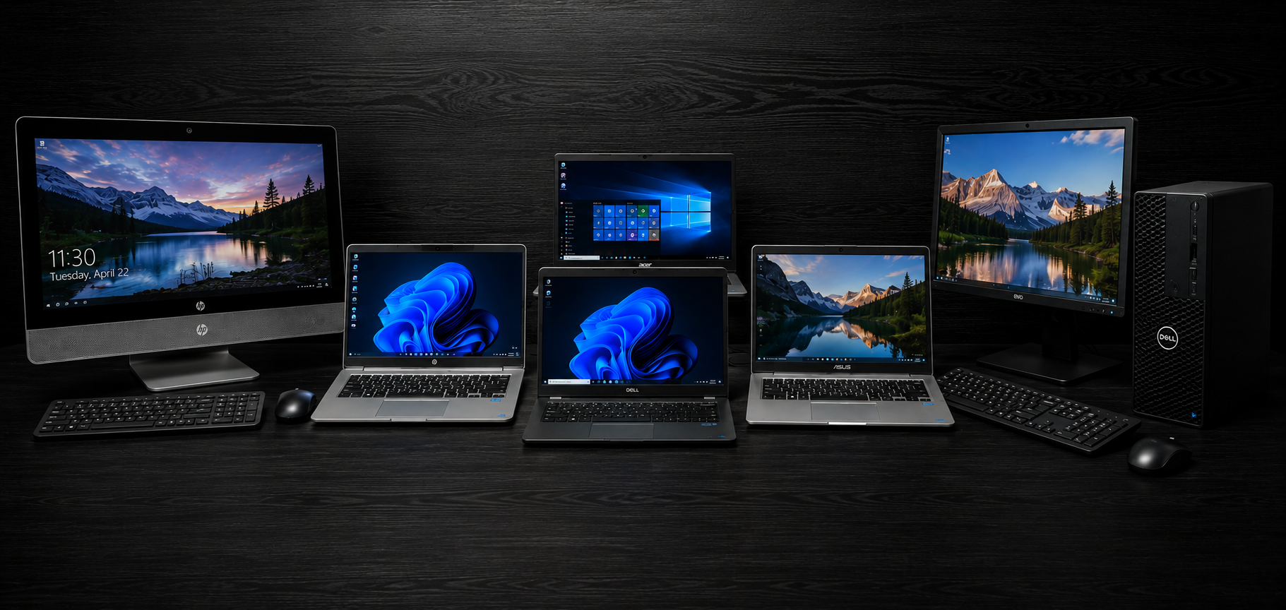 Multiple computer monitors, laptops, keyboards, and mice arranged on a black wooden surface, with a dark black background.