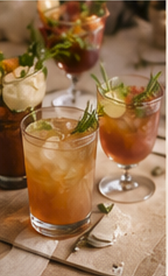 Three cocktails with ice and garnishes, placed on a table with a napkin and fork, in a restaurant setting.