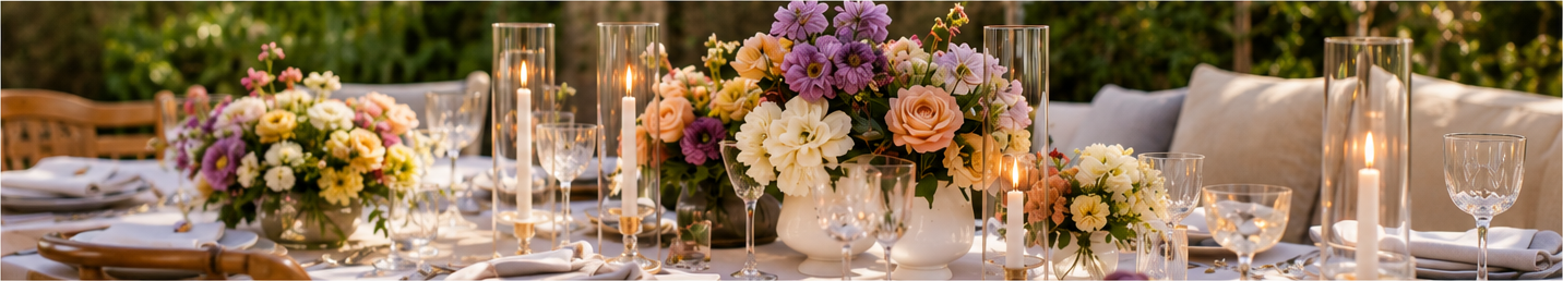 Outdoor event table decorated with flower arrangements, candles, and glassware