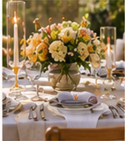Elegant outdoor dining table with a floral centerpiece, candles, and place settings.