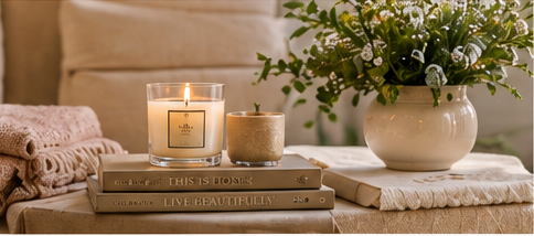 A cozy table setup with lit candles, folded towels, and a potted plant on a stack of books in a living room.
