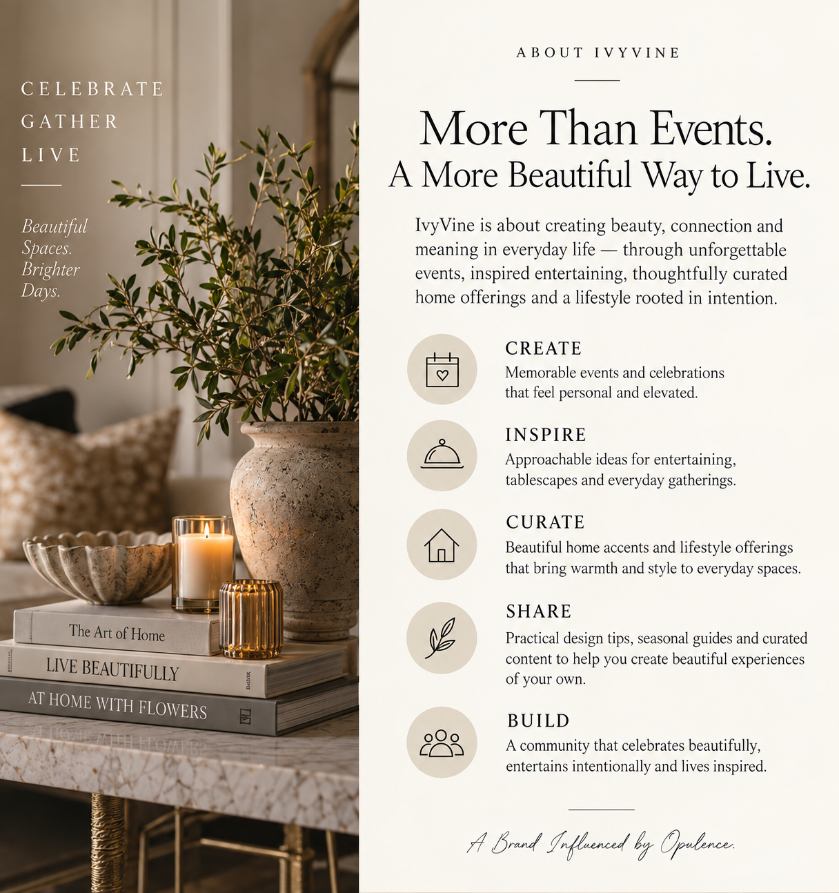 A promotional sign for IvyVine, a brand focused on creating beauty, connection, and meaning through events, home offerings, and community, with a photo of a cozy living space featuring candles, books, a large plant in a textured pot, and a marble-top table on the left.