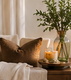 Living room corner with beige sofa, brown pillows, a glass vase of greenery, and a tray with candles.