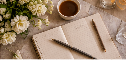 Open notebook with two pens, a cup of coffee or tea, a flower arrangement, and a glass of water on a marble surface.