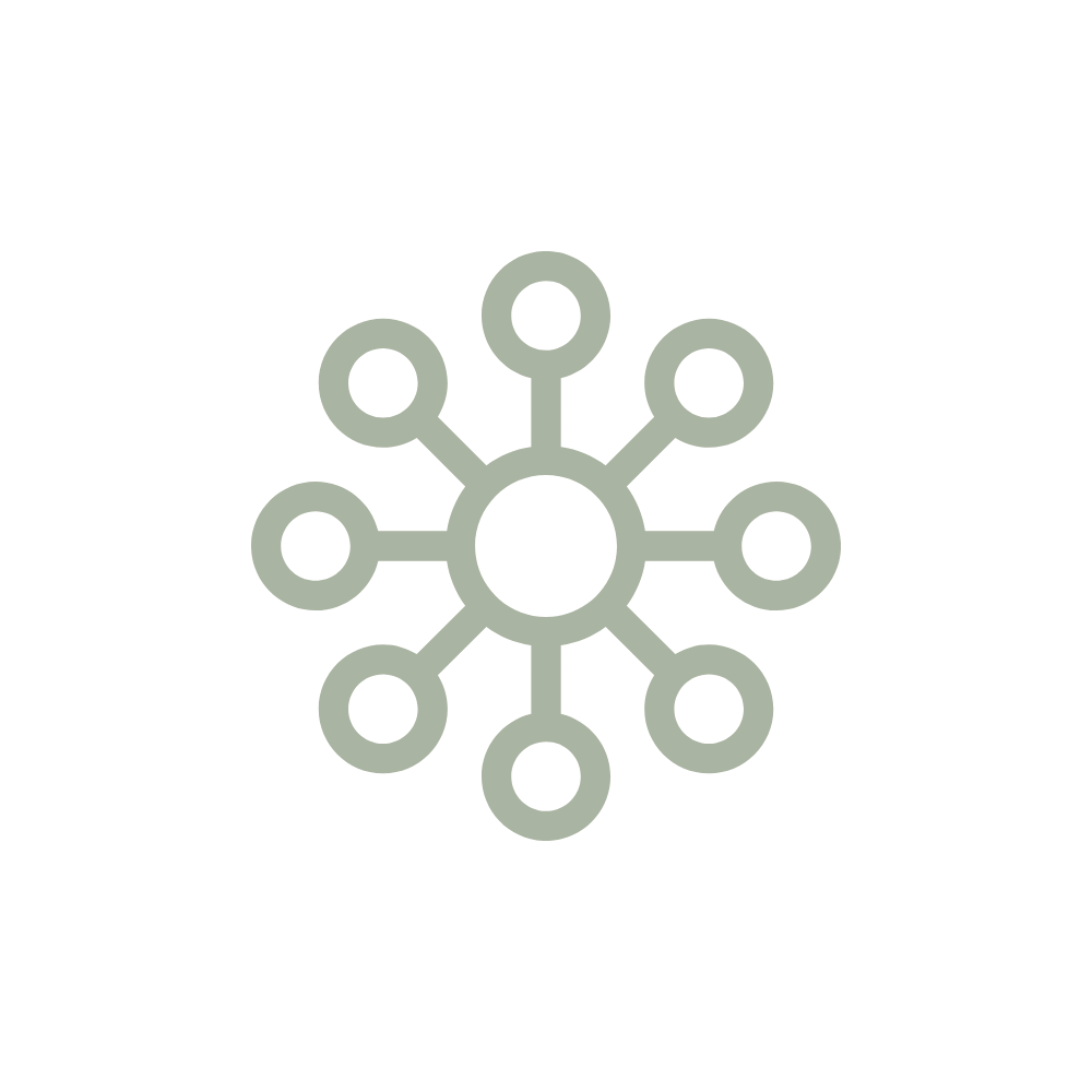 Gray network icon with connected nodes on black background.