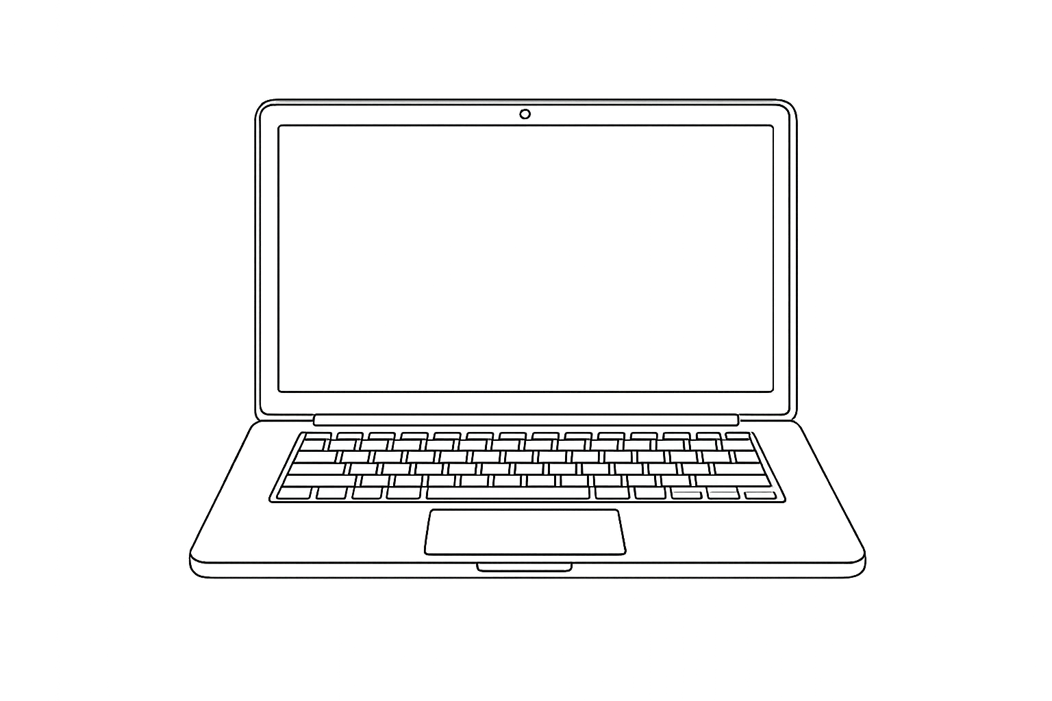 Line drawing of an open laptop computer with a blank screen and keyboard, illuminated with a glow.