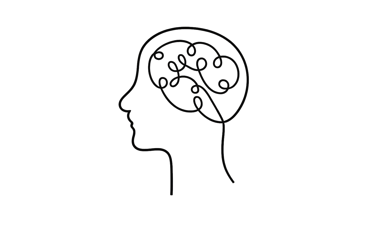Black line drawing of a human profile outline with a brain inside, containing swirling lines.
