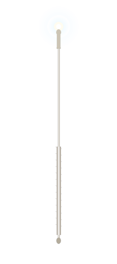 Illustration of a vertical thermometer with a lit light bulb at the top, a darker colored bulbous bottom, and a gradient scale along the side, set against a light blue background.