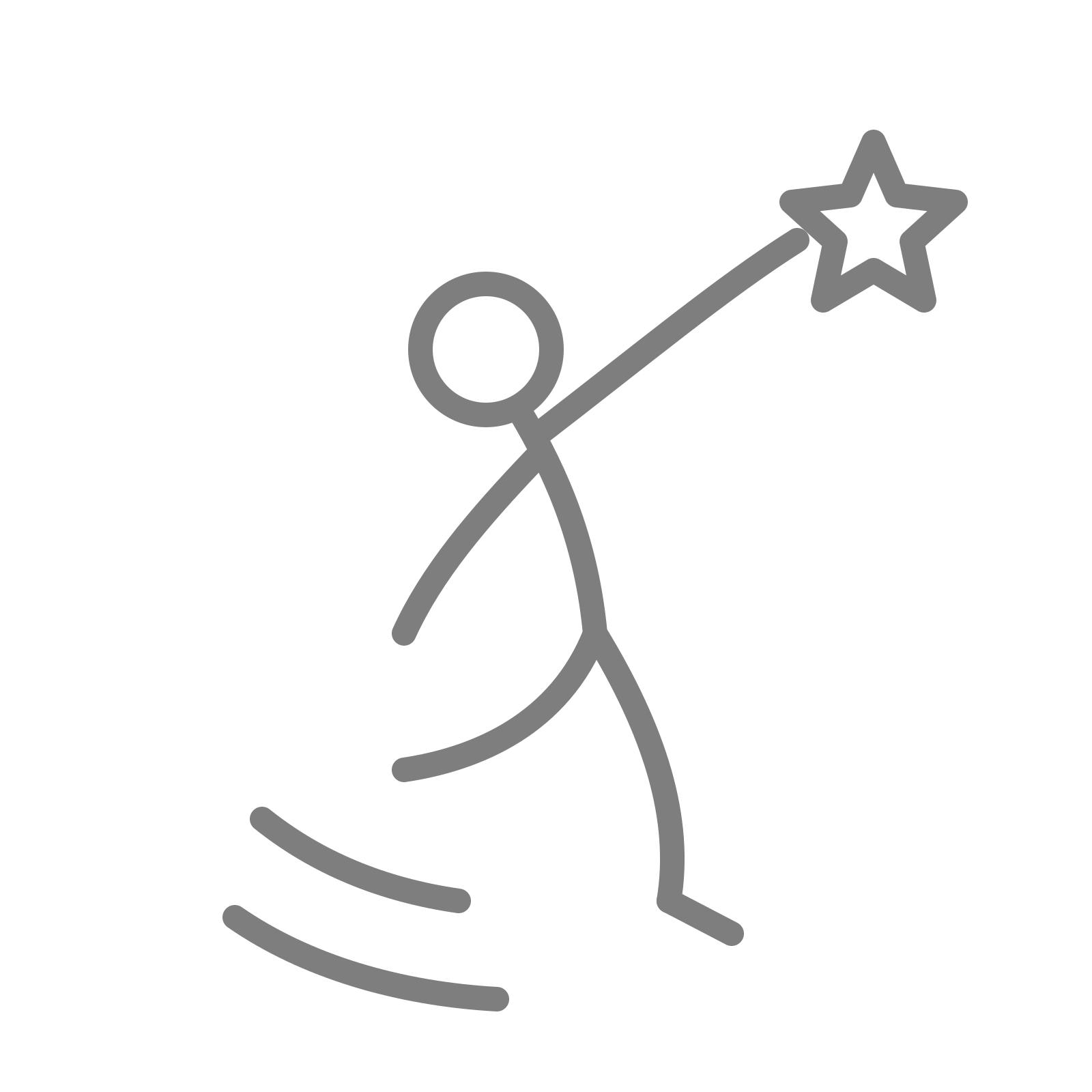 Stick figure drawing of a person jumping with a star at the tip of a stick, with dotted circular lines around the person.