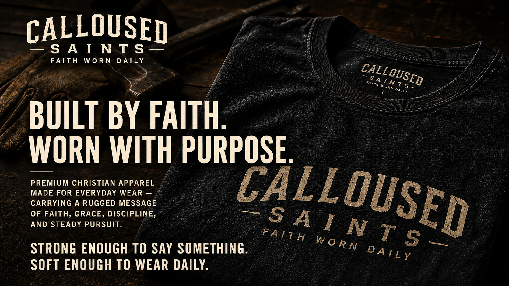 Black T-shirt with the Calloused Saints logo and faith-themed text, displayed on a dark wooden surface alongside a pair of brown leather gloves.